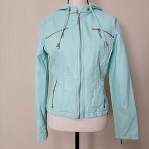 JouJou Juniors M Faux Leather Bomber Moto Biker Jacket Lined Hood Pockets
